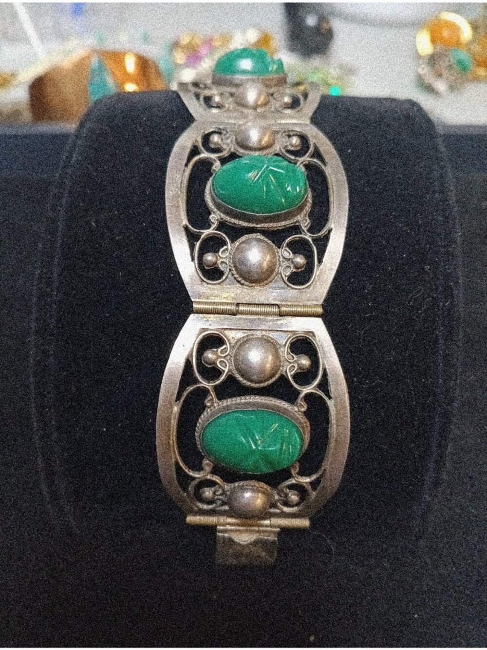 VINTAGE TAXCO MEXICO STERLING SILVER & JADE FILIGREE  BRACELET  (R4) - Picture 2 of 4